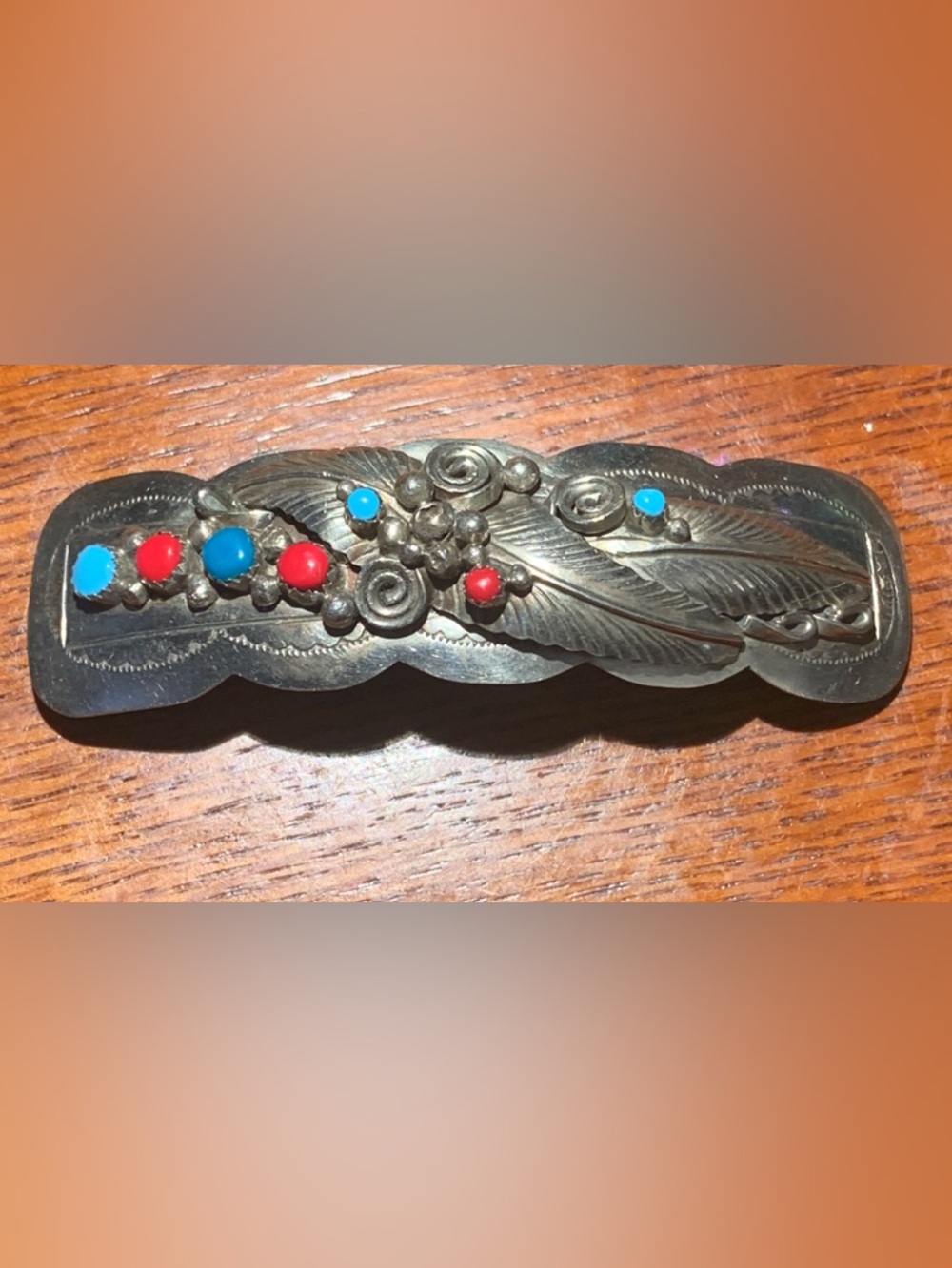 Vintage Native American Sterling Coral & Turquoise Hair Barrett